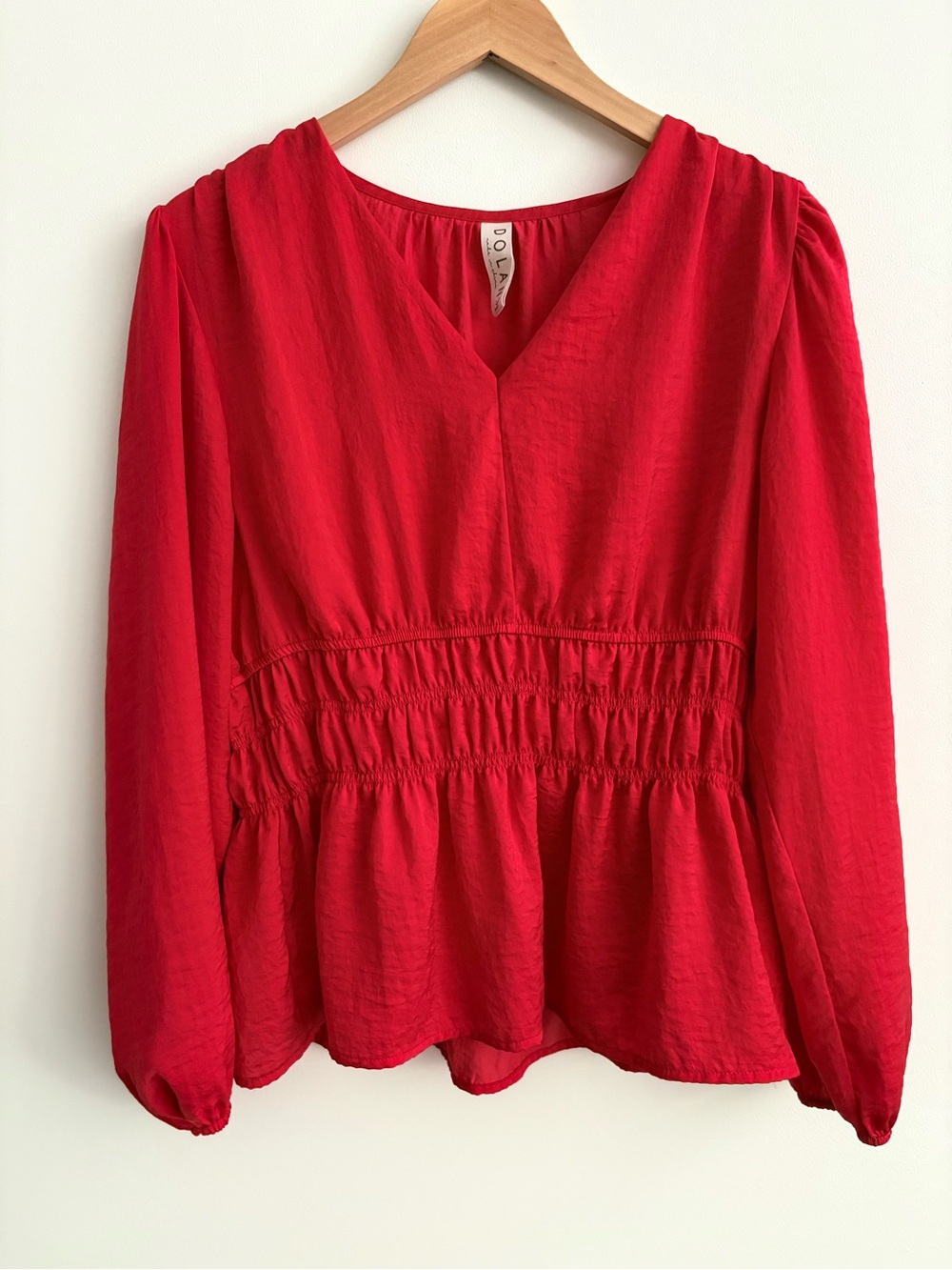 Dolan V Neck Long Sleeve Peplum Smocked Blouse Top in Red Holiday Dressy Size L